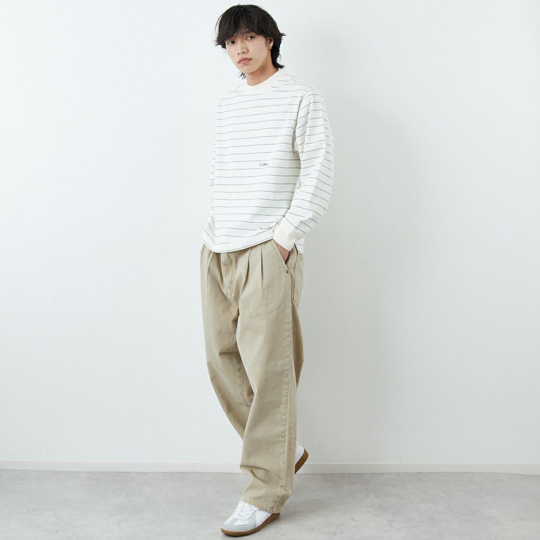 L.L.BEAN [エルエルビーン] Union ロングスリーブボーダーTシャツ [6175-3053] 90 OFF/GRN &&モデル身長：179cm 着用サイズ：M&&