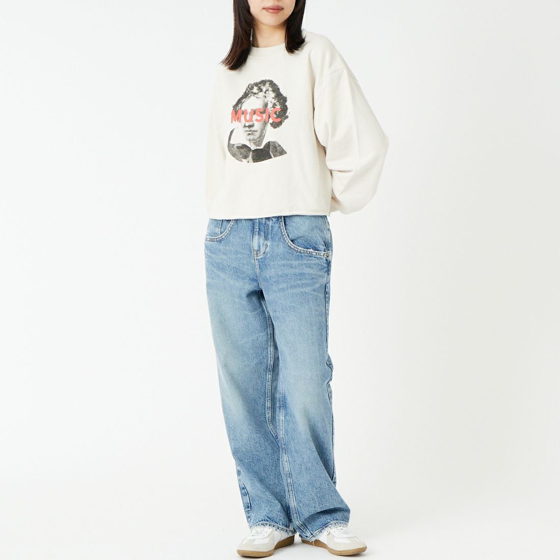 SCREEN STARS [スクリーンスターズ] 別注 偉人プリント カットオフスウェット [2523-IN3-JF] GREIGE &&モデル身長：162cm 着用サイズ：F&&