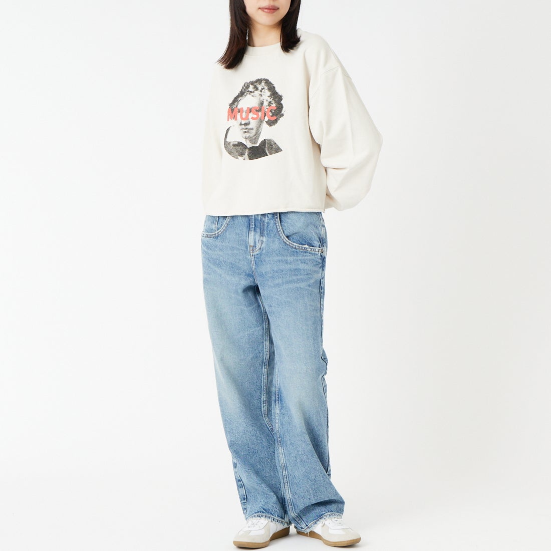 SCREEN STARS [スクリーンスターズ] 別注 偉人プリント カットオフスウェット [2523-IN3-JF] GREIGE &&モデル身長：162cm 着用サイズ：F&&