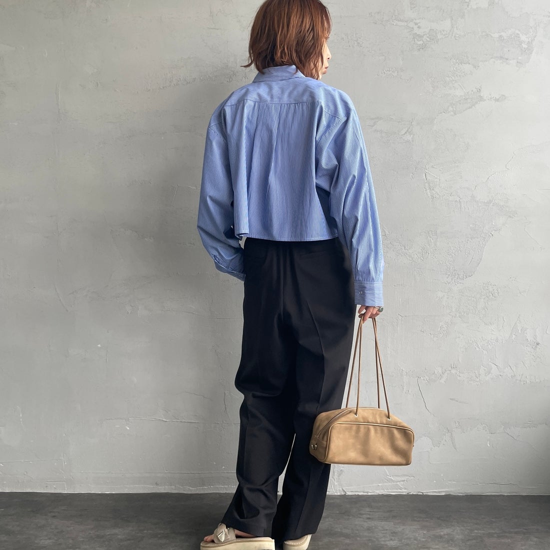 UNIVERSAL OVERALL [ユニバーサルオーバーオール] 別注 ショート丈 ビッグポケットストライプシャツ [U2533158IN-JF] ﾌﾞﾙｰ &&モデル身長：158cm 着用サイズ：F&&
