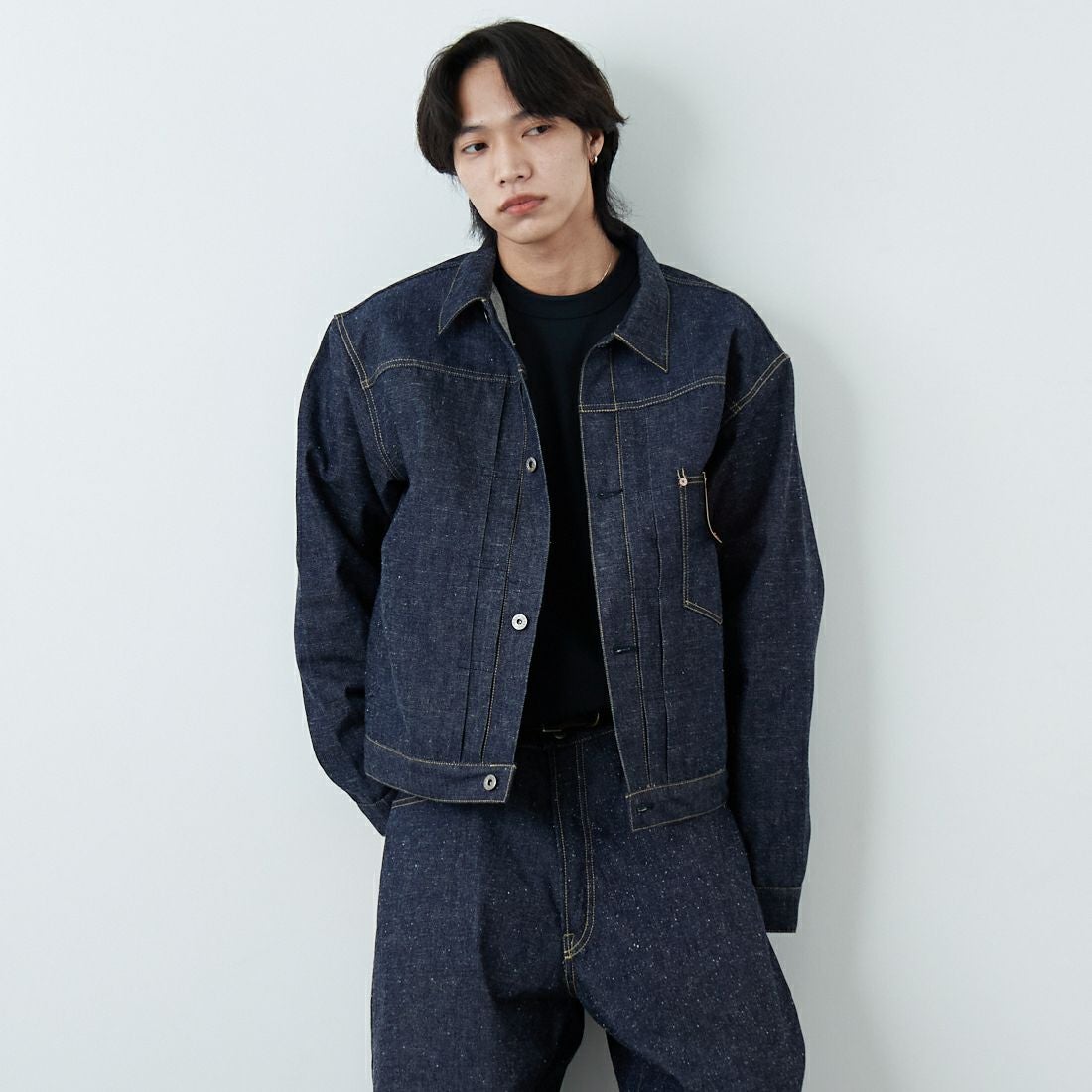 GOLD [ゴールド] 11.5oz デニムブラウス WW2モデル [GL15860N] 420 N.NAVY &&モデル身長：179cm 着用サイズ：M&&