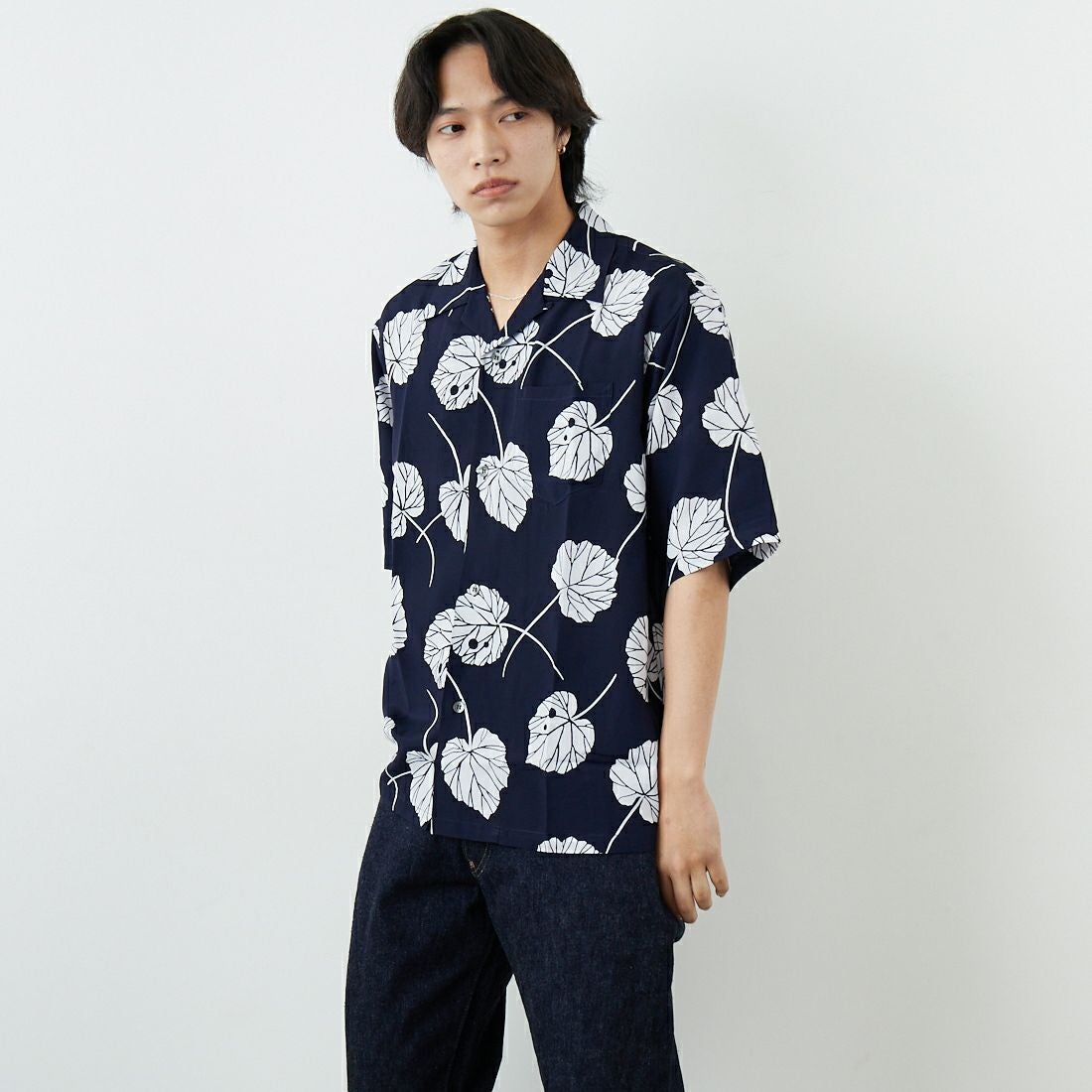 South2West8 [サウスツーウエストエイト] ショートスリーブオープンカラーシャツ [SX678] B NAVY &&モデル身長：179cm 着用サイズ：L&&