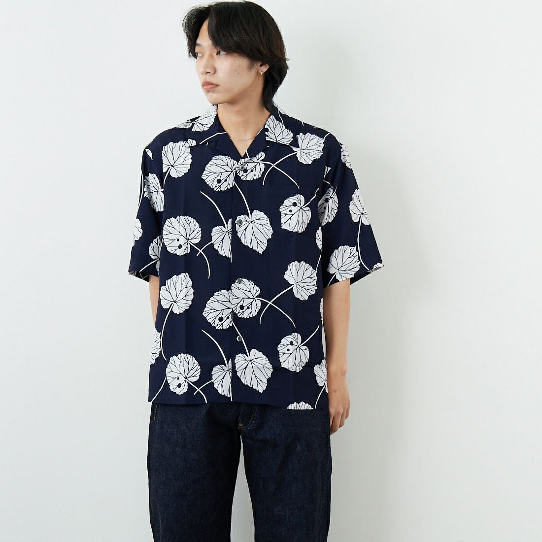 South2West8 [サウスツーウエストエイト] ショートスリーブオープンカラーシャツ [SX678] B NAVY &&モデル身長：179cm 着用サイズ：L&&