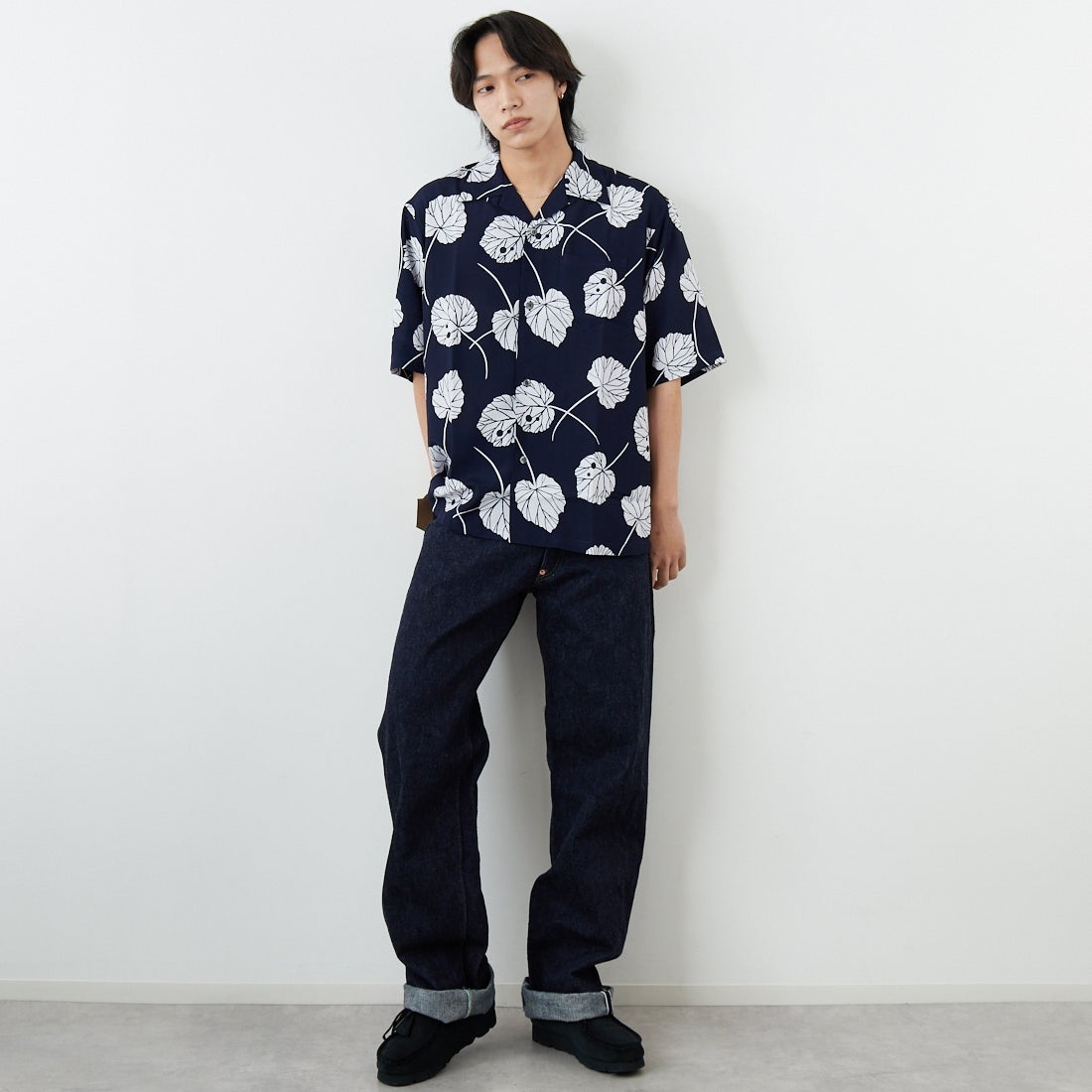 South2West8 [サウスツーウエストエイト] ショートスリーブオープンカラーシャツ [SX678] B NAVY &&モデル身長：179cm 着用サイズ：L&&