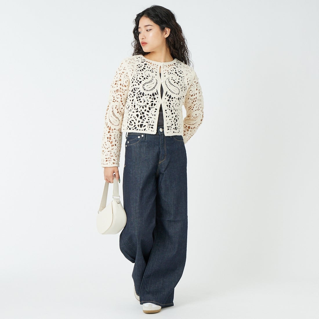 CLOCHE [クロシェ] レースニットカーディガン [61285502] ｱｲﾎﾞﾘｰ &&モデル身長：162cm 着用サイズ：2&&