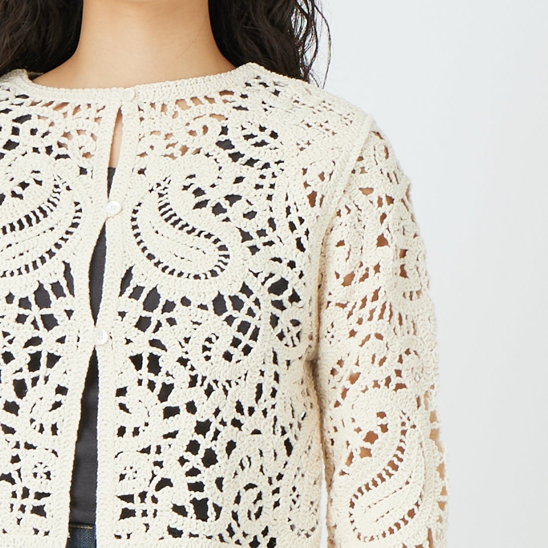 CLOCHE [クロシェ] レースニットカーディガン [61285502] ｱｲﾎﾞﾘｰ &&モデル身長：162cm 着用サイズ：2&&