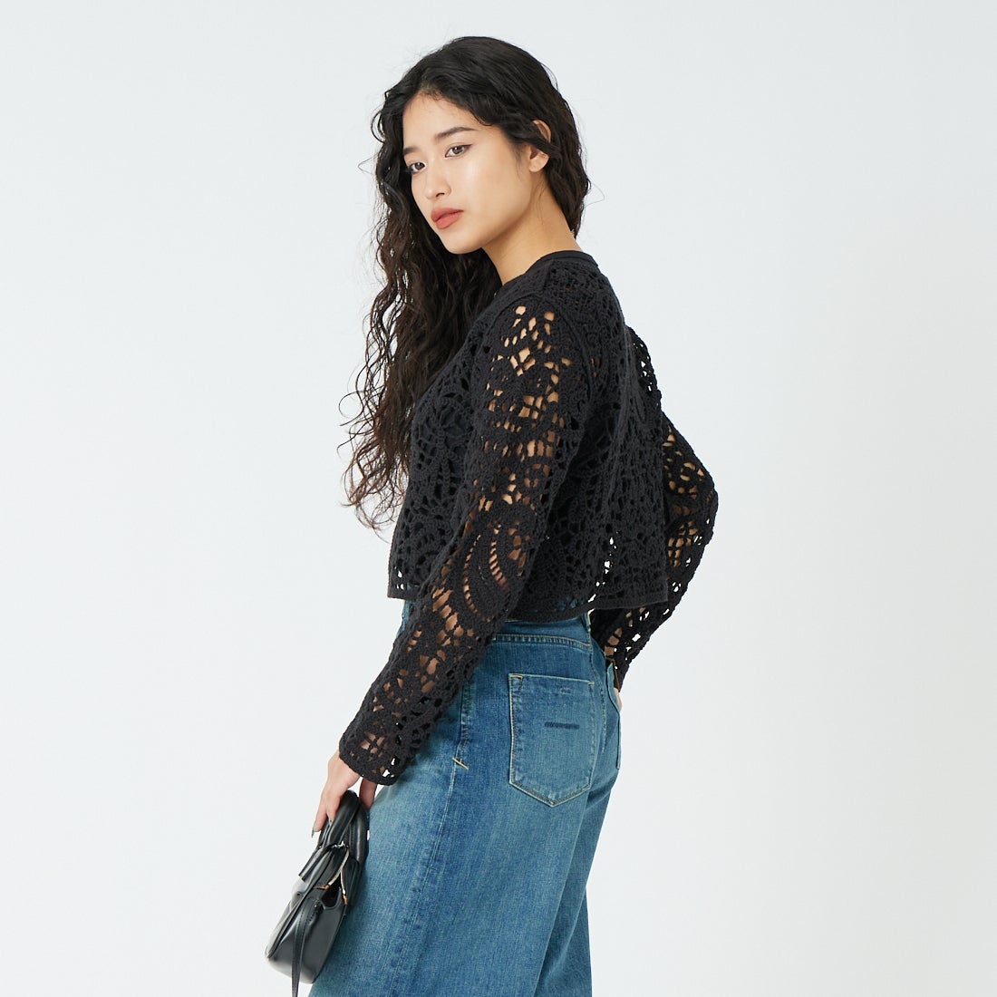 CLOCHE [クロシェ] レースニットカーディガン [61285502] ﾌﾞﾗｯｸ &&モデル身長：162cm 着用サイズ：2&&