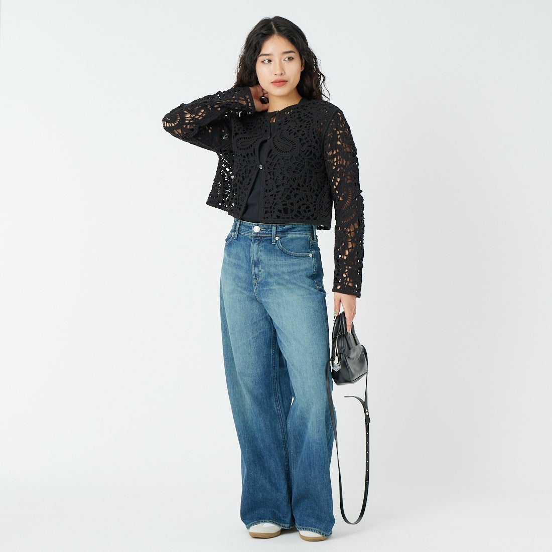 CLOCHE [クロシェ] レースニットカーディガン [61285502] ﾌﾞﾗｯｸ &&モデル身長：162cm 着用サイズ：2&&