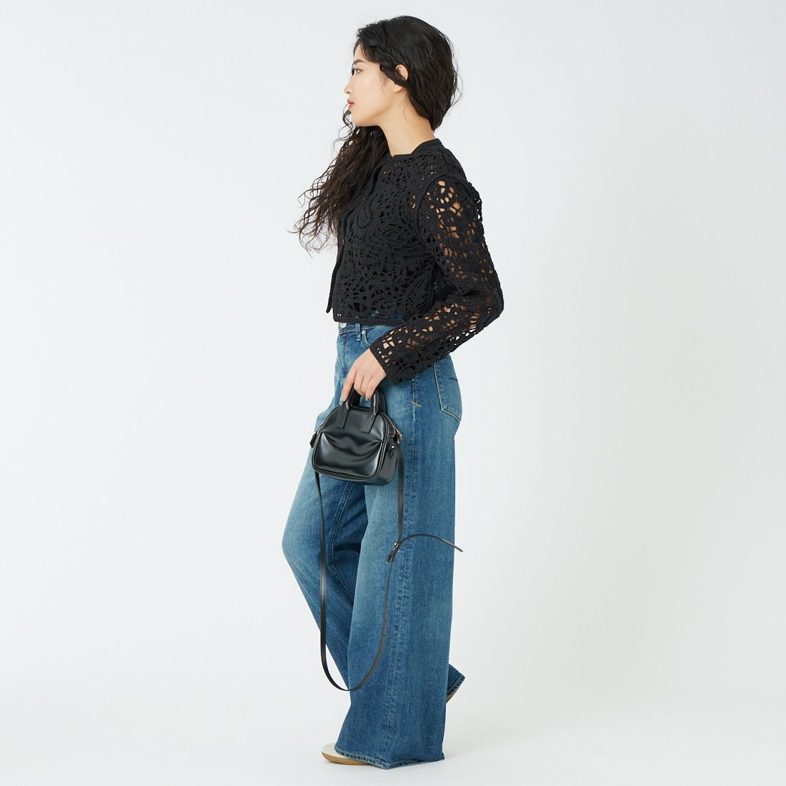 CLOCHE [クロシェ] レースニットカーディガン [61285502] ﾌﾞﾗｯｸ &&モデル身長：162cm 着用サイズ：2&&