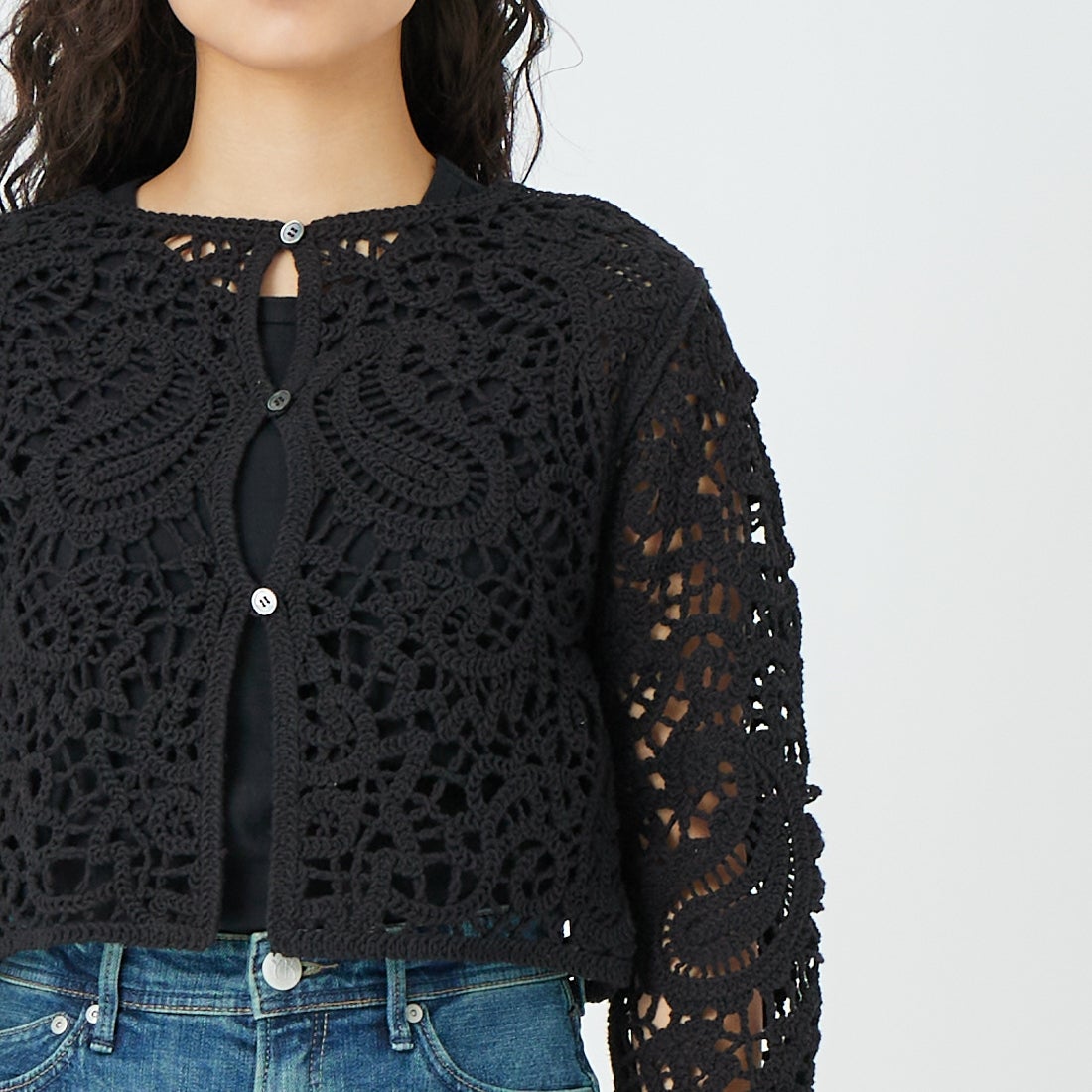 CLOCHE [クロシェ] レースニットカーディガン [61285502] ﾌﾞﾗｯｸ &&モデル身長：162cm 着用サイズ：2&&