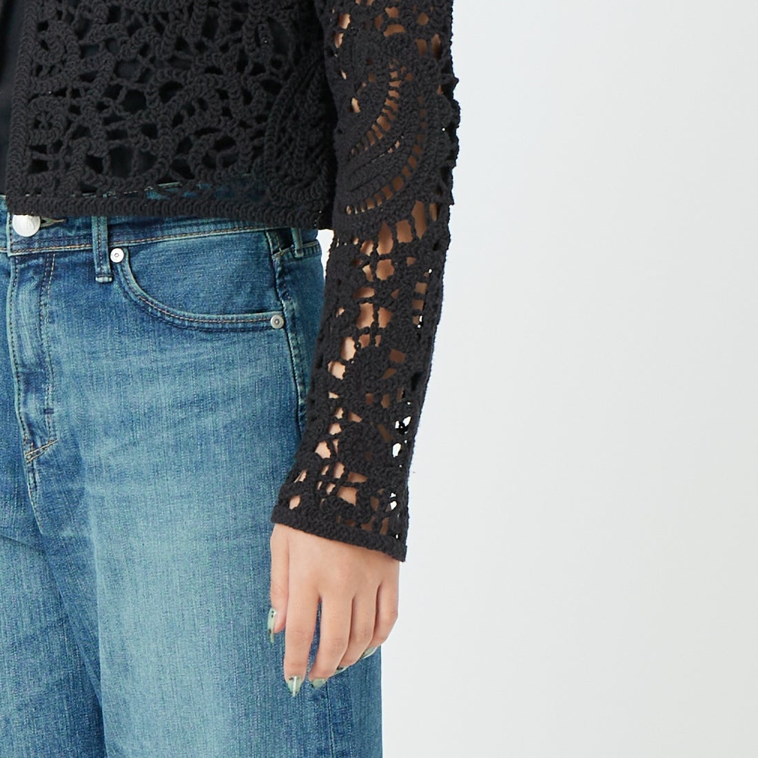CLOCHE [クロシェ] レースニットカーディガン [61285502] ﾌﾞﾗｯｸ &&モデル身長：162cm 着用サイズ：2&&
