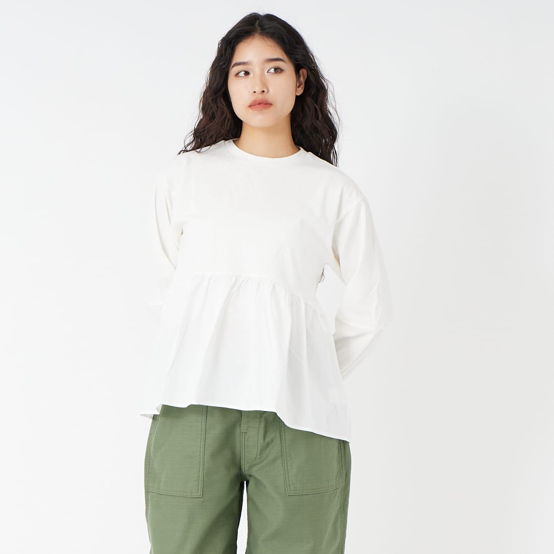 Jf Ready Made [ジェイエフレディメイド] 布帛ウエスト切替プルオーバー [3110103] 104 ｵﾌｼﾛ &&モデル身長：162cm 着用サイズ：F&&