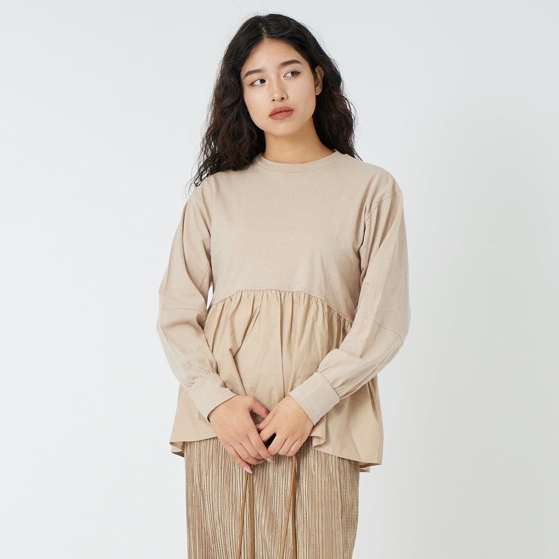 Jf Ready Made [ジェイエフレディメイド] 布帛ウエスト切替プルオーバー [3110103] 714 ｸﾞﾚｰｼﾞ &&モデル身長：162cm 着用サイズ：F&&