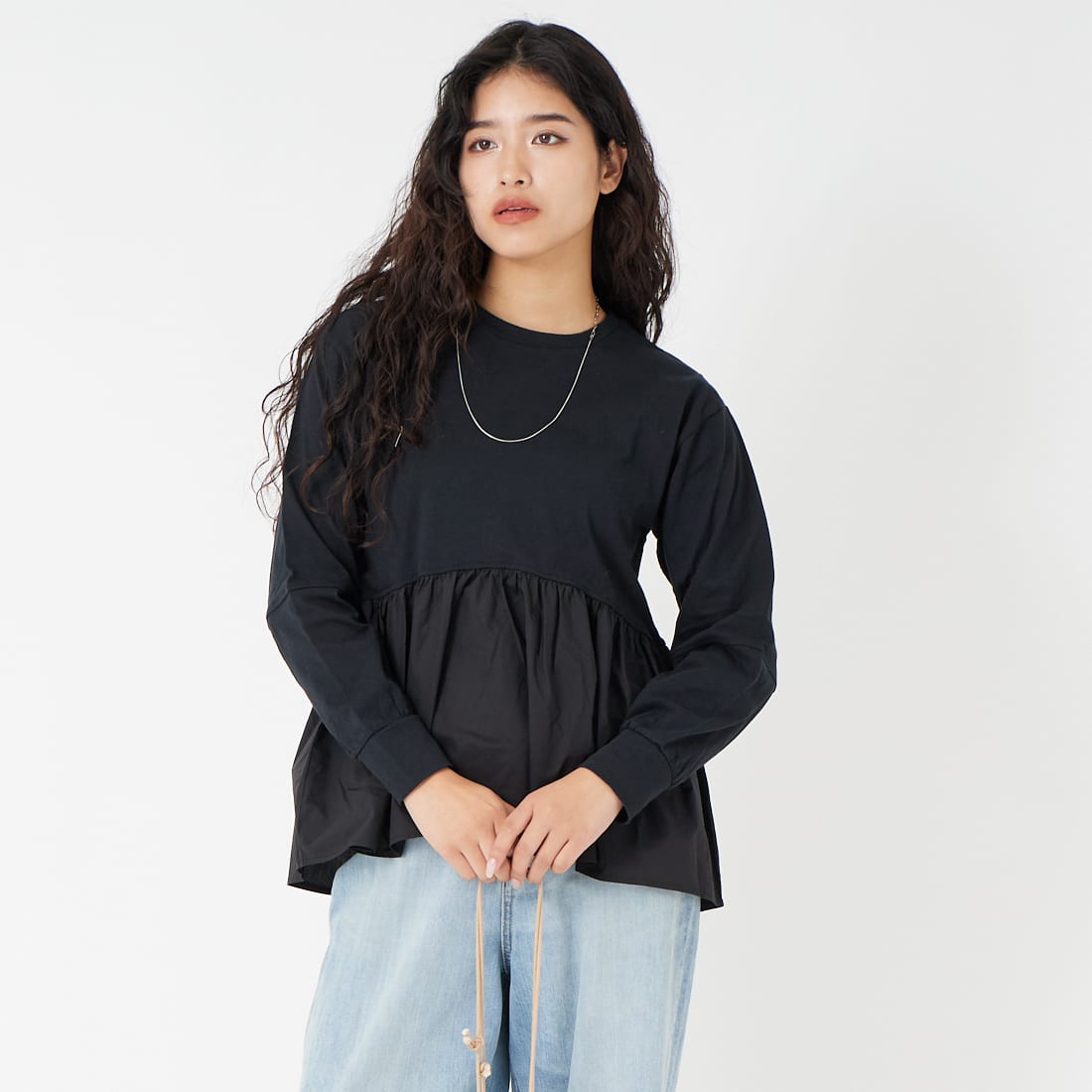 Jf Ready Made [ジェイエフレディメイド] 布帛ウエスト切替プルオーバー [3110103] 801 ﾌﾞﾗｯｸ &&モデル身長：162cm 着用サイズ：F&&