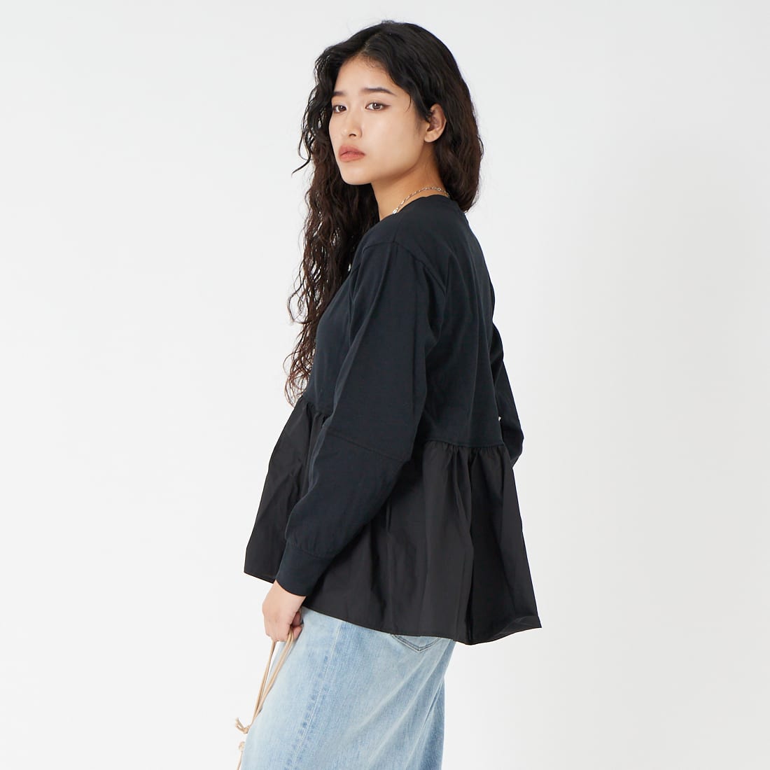 Jf Ready Made [ジェイエフレディメイド] 布帛ウエスト切替プルオーバー [3110103] 801 ﾌﾞﾗｯｸ &&モデル身長：162cm 着用サイズ：F&&