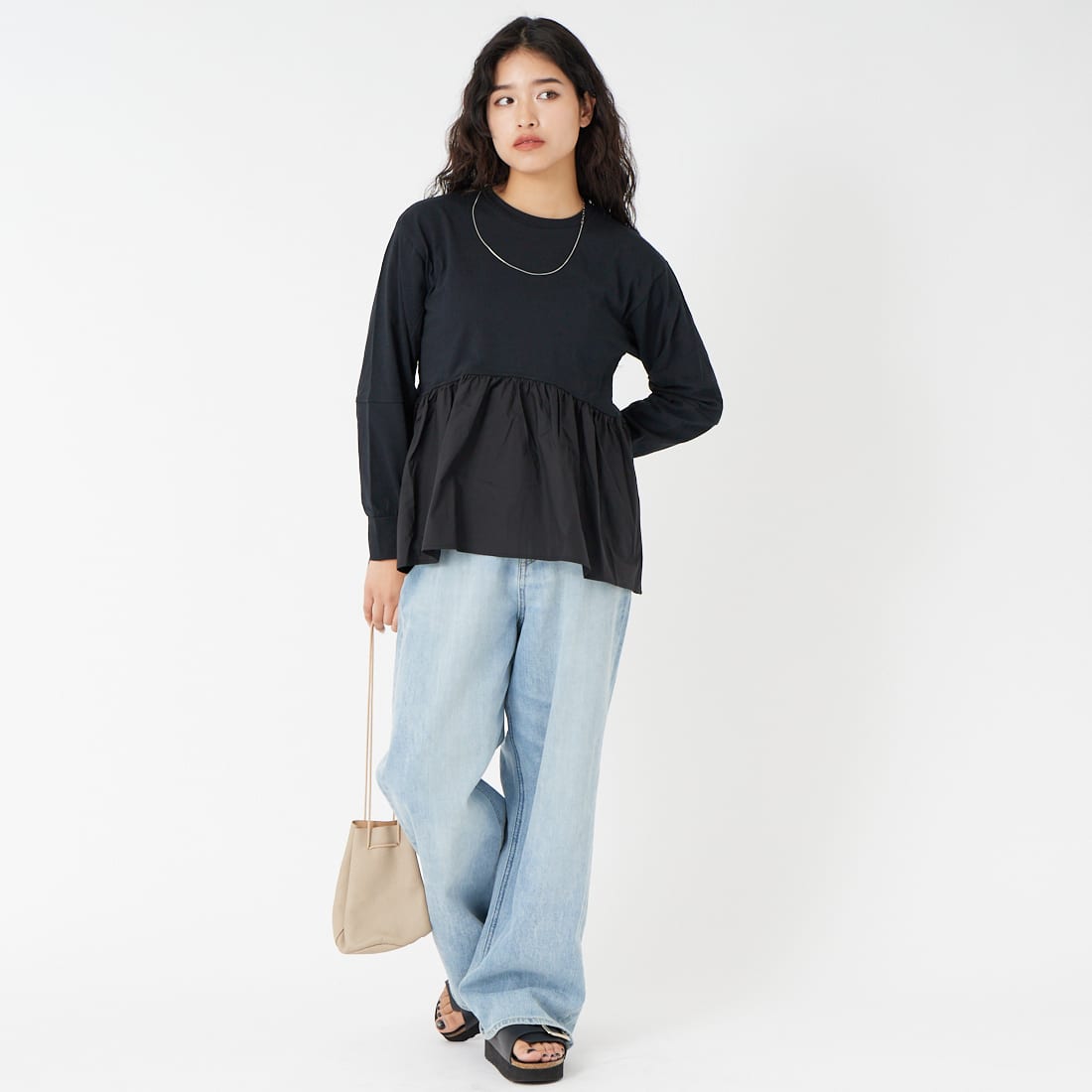 Jf Ready Made [ジェイエフレディメイド] 布帛ウエスト切替プルオーバー [3110103] 801 ﾌﾞﾗｯｸ &&モデル身長：162cm 着用サイズ：F&&