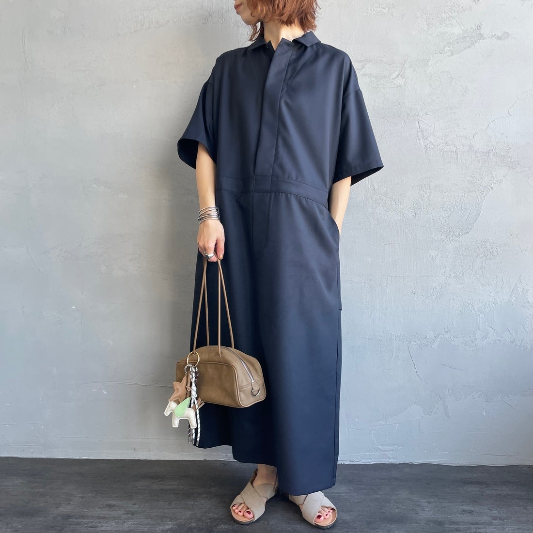 mizuiro ind [ミズイロインド] ペインターライクワンピース [1-250073] 77 NAVY &&モデル身長：158cm 着用サイズ：F&&
