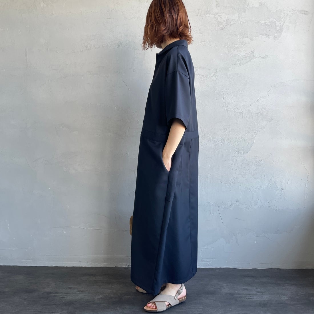 mizuiro ind [ミズイロインド] ペインターライクワンピース [1-250073] 77 NAVY &&モデル身長：158cm 着用サイズ：F&&