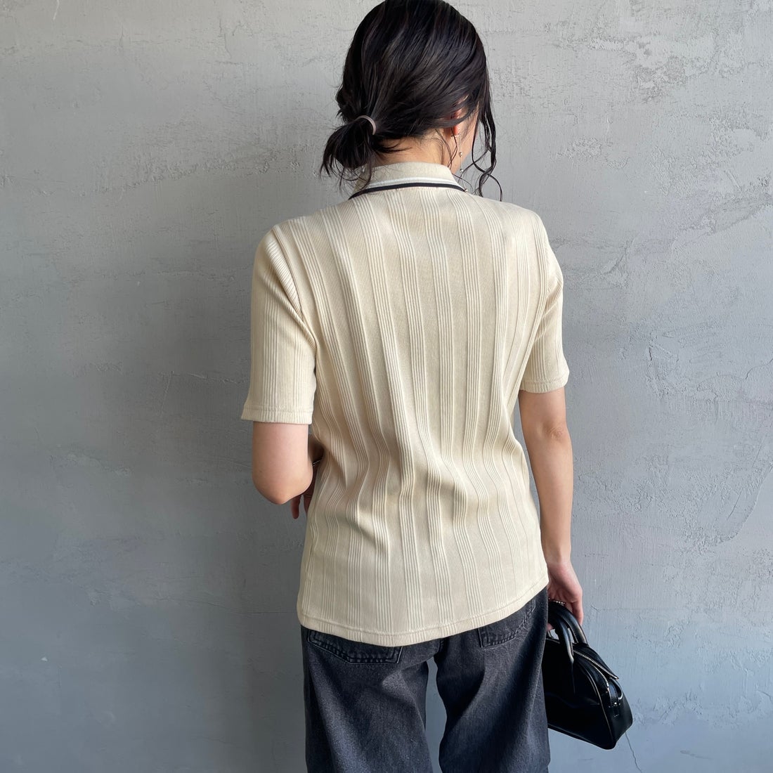 FRED PERRY [フレッドペリー] 別注 ツインティップライン リブポロシャツ [FPW-26S-033JF] OATMEAL/SN &&モデル身長：160cm 着用サイズ：10&&