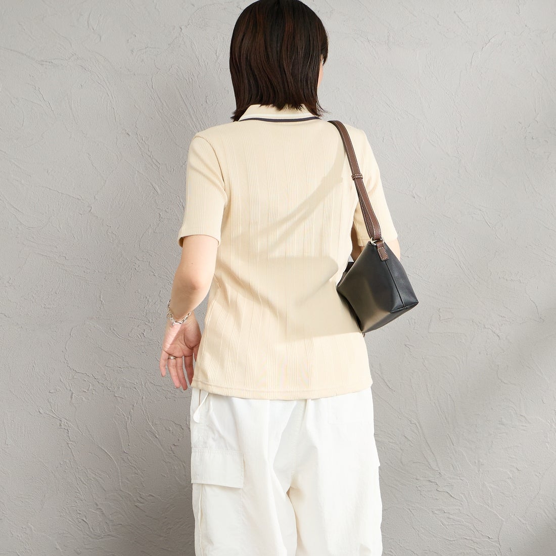 FRED PERRY [フレッドペリー] 別注 ツインティップライン リブポロシャツ [FPW-26S-033JF] OATMEAL/SN &&モデル身長：160cm 着用サイズ：8&&