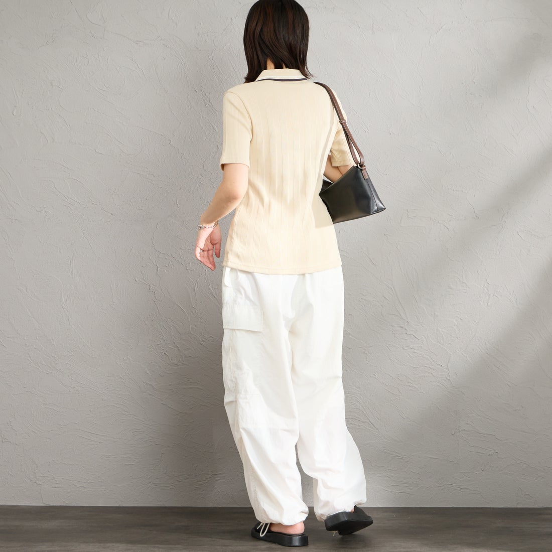 FRED PERRY [フレッドペリー] 別注 ツインティップライン リブポロシャツ [FPW-26S-033JF] OATMEAL/SN &&モデル身長：160cm 着用サイズ：8&&