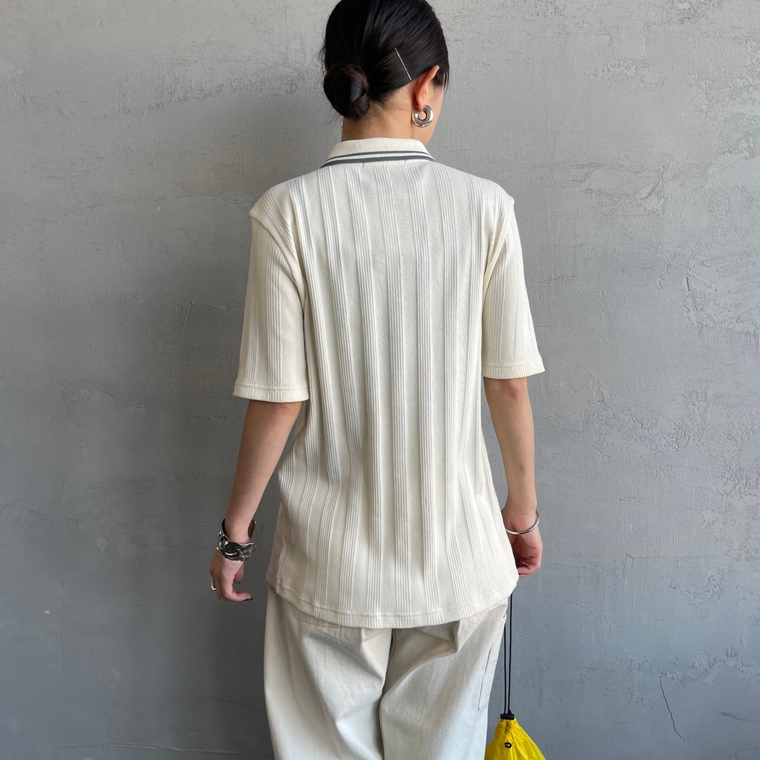FRED PERRY [フレッドペリー] 別注 ツインティップライン リブポロシャツ [FPW-26S-033JF] ECRU/STOCK &&モデル身長：150cm 着用サイズ：10&& [フレッドペリー] 別注 ツインティップライン リブポロシャツ [FPW-26S-033JF] ANCHOR GRE &&モデル身長：150cm 着用サイズ：10&&