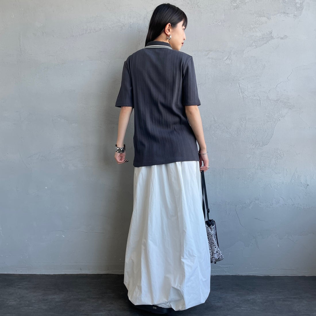 FRED PERRY [フレッドペリー] 別注 ツインティップライン リブポロシャツ [FPW-26S-033JF] ANCHOR GRE &&モデル身長：150cm 着用サイズ：10&&