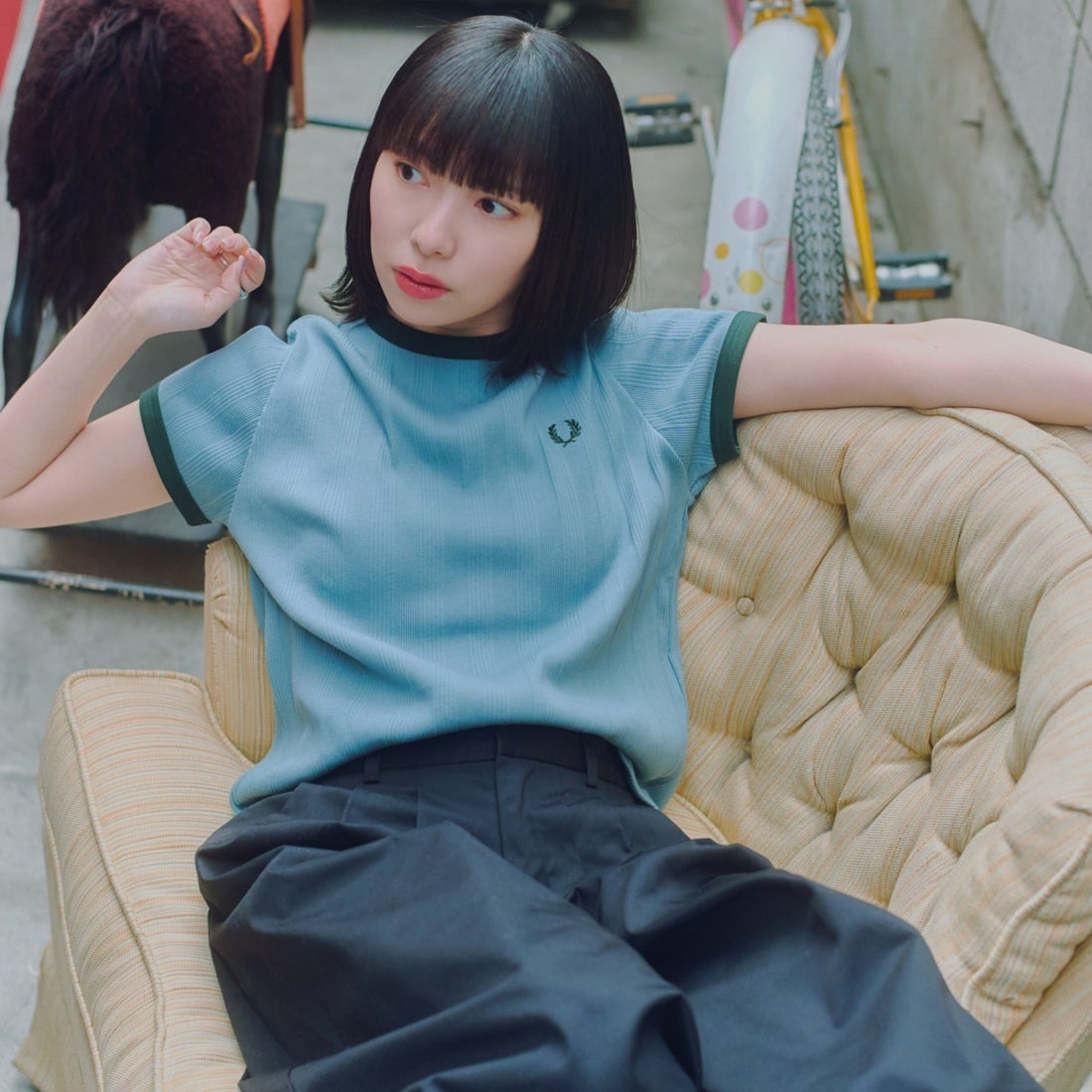 FRED PERRY [フレッドペリー] 別注 ランダムリブ ワンポイントロゴ刺繍リンガーTシャツ [FPW-26S-032JF]