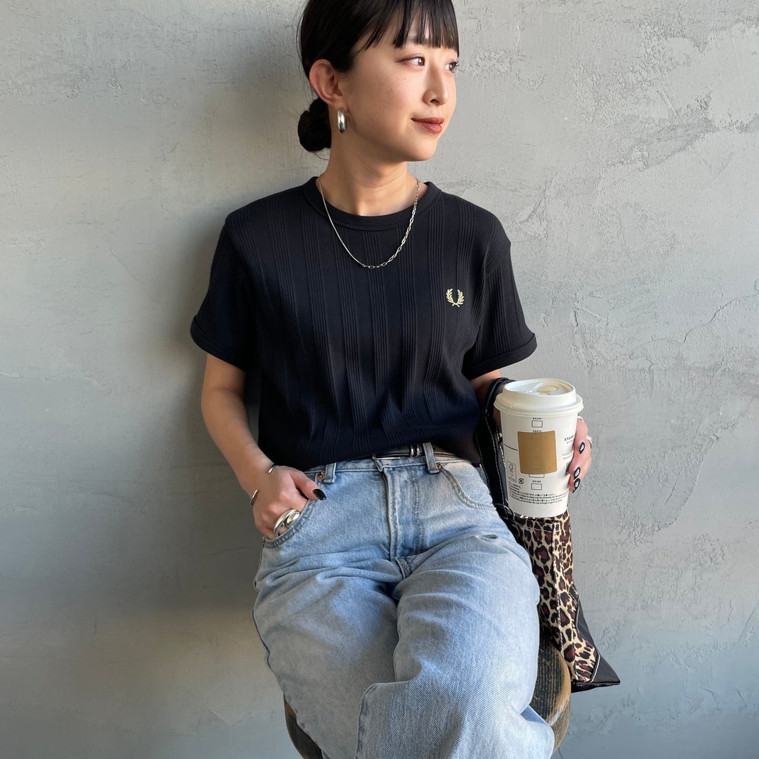 【1回着用‼️】FRED PERRY 別注 リブ Tシャツ FRED PERRY [フレッドペリー] 別注 ランダムリブ ワンポイントロゴ刺繍
