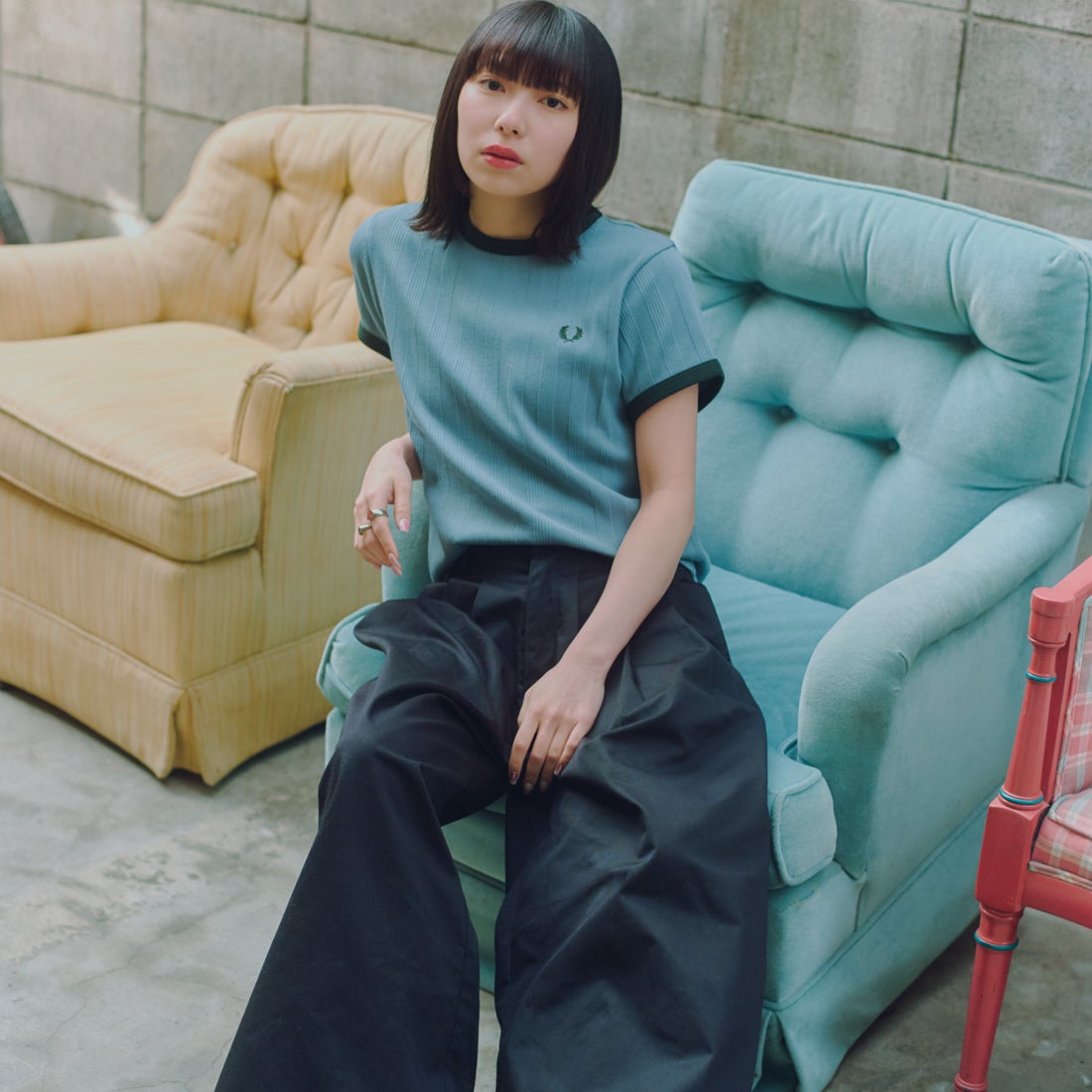 FRED PERRY [フレッドペリー] 別注 ランダムリブ ワンポイントロゴ刺繍リンガーTシャツ [FPW-26S-032JF] STOCK PORT