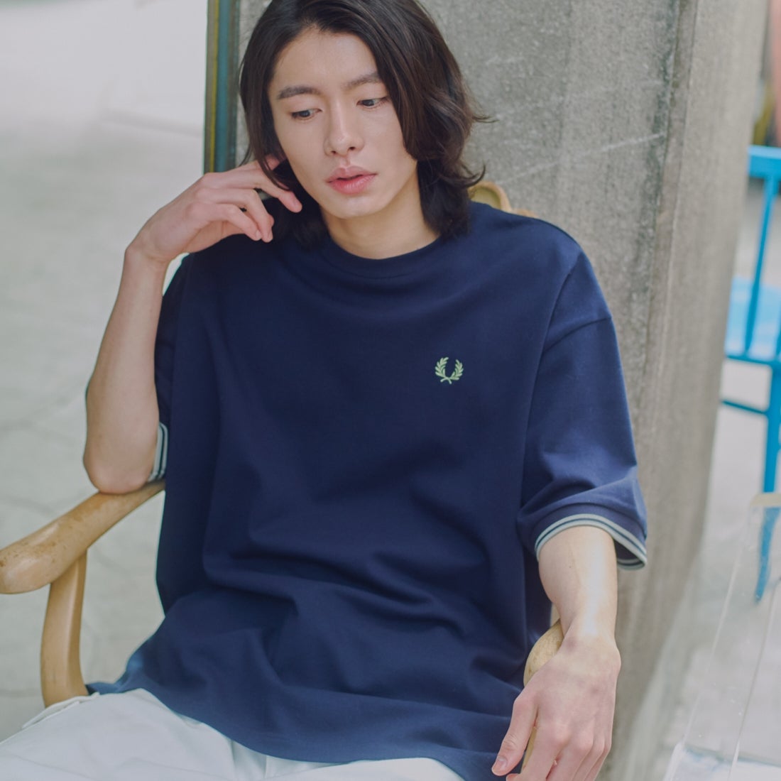 FRED PERRY [フレッドペリー] 別注 ツインティップライン ワイドシルエット鹿の子Tシャツ [FPM-26S-021JF] NAVY/SEAGR