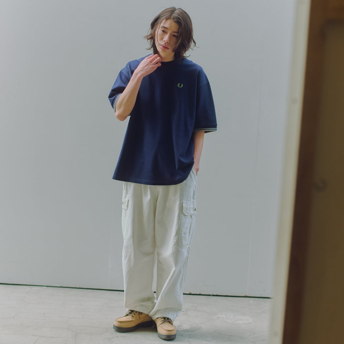 FRED PERRY [フレッドペリー] 別注 ツインティップライン ワイドシルエット鹿の子Tシャツ [FPM-26S-021JF] NAVY/SEAGR