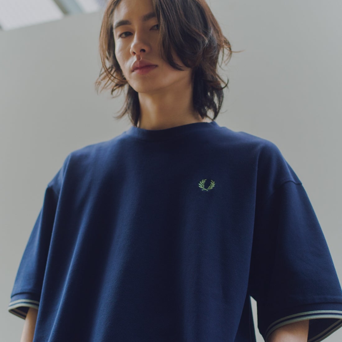 FRED PERRY [フレッドペリー] 別注 ツインティップライン ワイドシルエット鹿の子Tシャツ [FPM-26S-021JF] NAVY/SEAGR