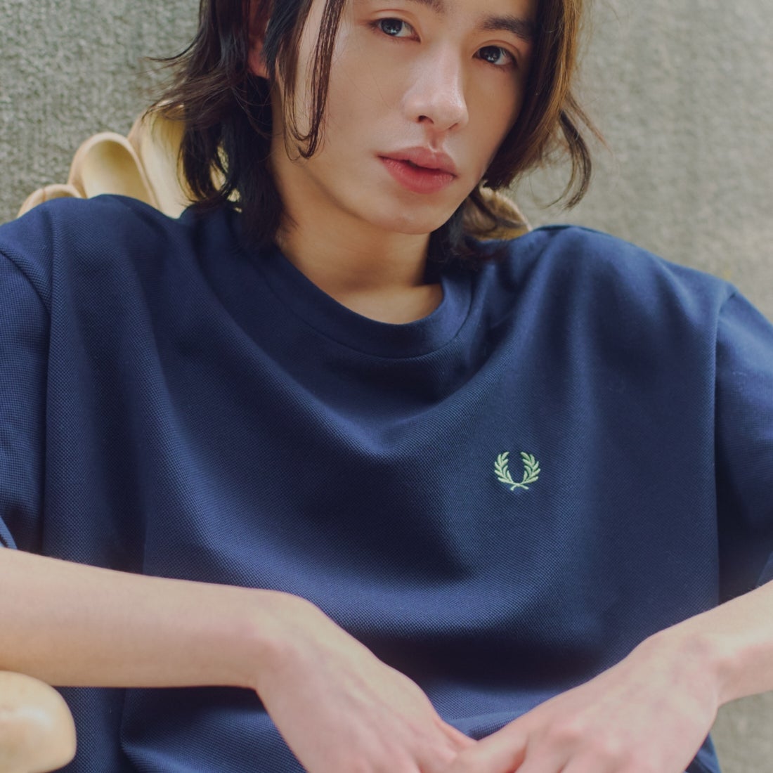 FRED PERRY [フレッドペリー] 別注 ツインティップライン ワイドシルエット鹿の子Tシャツ [FPM-26S-021JF] NAVY/SEAGR