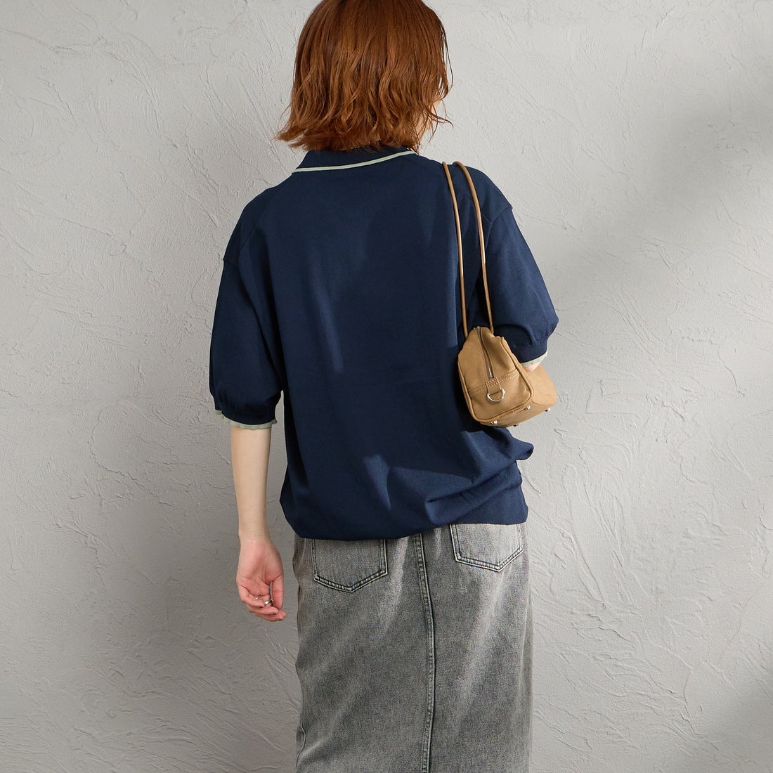 FRED PERRY [フレッドペリー] 別注 シングルティップライン サマーニットポロシャツ [FPM-26S-024JF] NAVY/SEAGR &&モデル身長：158cm 着用サイズ：S&&