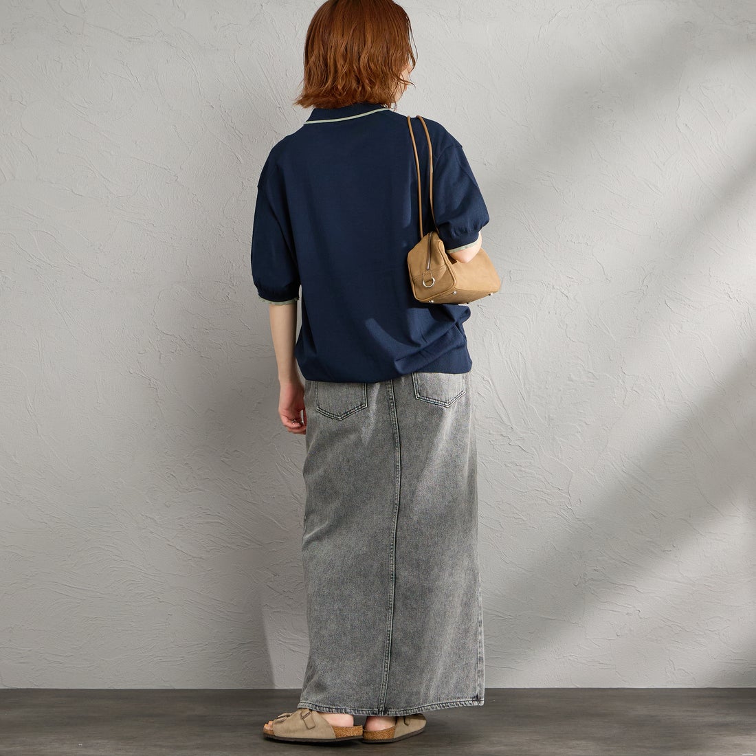 FRED PERRY [フレッドペリー] 別注 シングルティップライン サマーニットポロシャツ [FPM-26S-024JF] NAVY/SEAGR &&モデル身長：158cm 着用サイズ：S&&