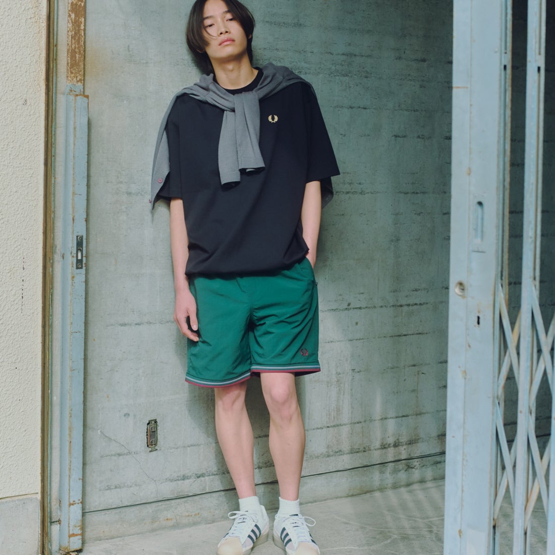 FRED PERRY [フレッドペリー] 別注 ワンポイントロゴ刺繍 ポンチドローコードTシャツ [FPM-26S-022JF] ANCHOR GRE
