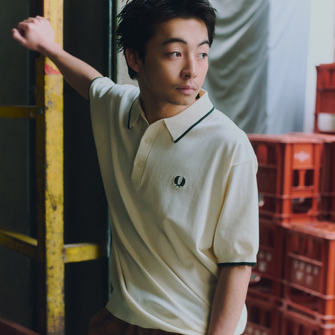 FRED PERRY [フレッドペリー] 別注 シングルティップライン サマーニットポロシャツ [FPM-26S-024JF] ECRU/GRASS