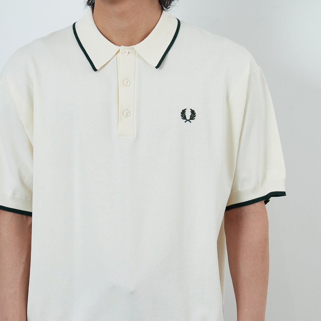 FRED PERRY [フレッドペリー] 別注 シングルティップライン サマーニットポロシャツ [FPM-26S-024JF] ECRU/GRASS