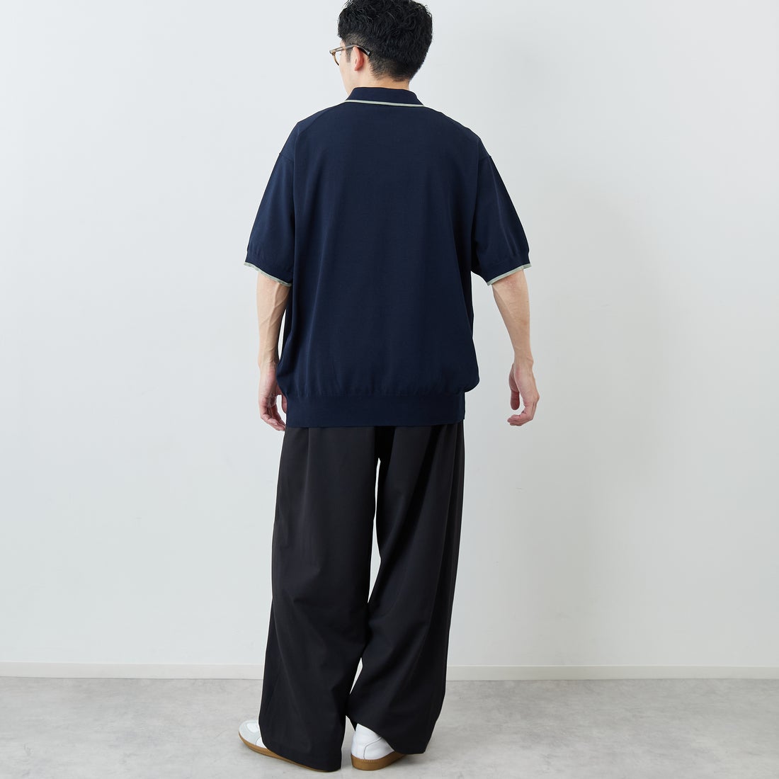 FRED PERRY [フレッドペリー] 別注 シングルティップライン サマーニットポロシャツ [FPM-26S-024JF] NAVY/SEAGR &&モデル身長：168cm 着用サイズ：L&&