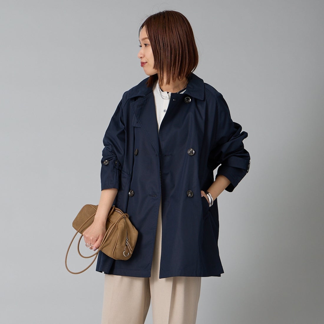 Jeans Factory Clothes [ジーンズファクトリークローズ] ミドル丈Aライントレンチコート [IN2-CT-6] 24 NAVY &&モデル身長：159cm 着用サイズ：F&&