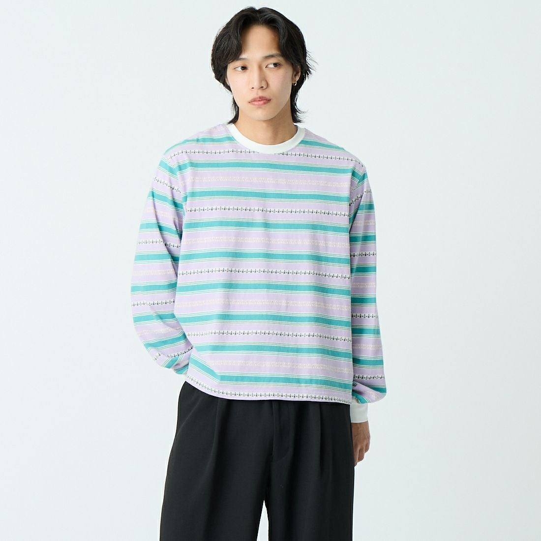 HELLO CALIF [ハローカリフ] エスニックボーダーTシャツ [661011] PURPLE &&モデル身長：179cm 着用サイズ：M&&