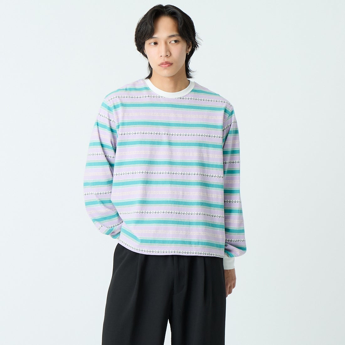 HELLO CALIF [ハローカリフ] エスニックボーダーTシャツ [661011] PURPLE &&モデル身長：179cm 着用サイズ：M&&