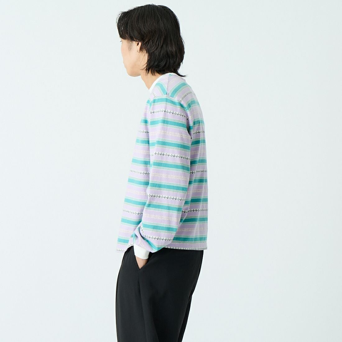 HELLO CALIF [ハローカリフ] エスニックボーダーTシャツ [661011] PURPLE &&モデル身長：179cm 着用サイズ：M&&