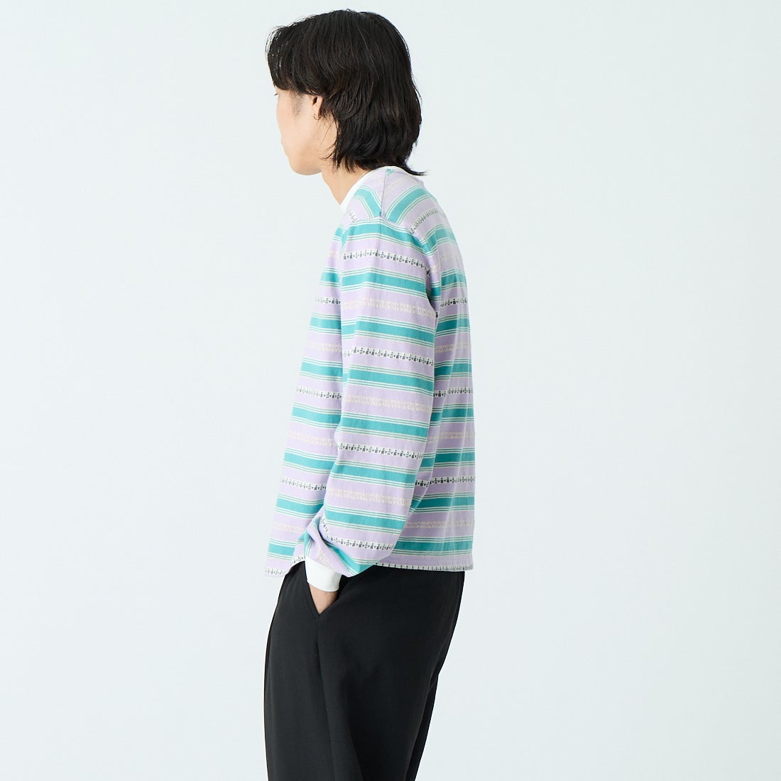 HELLO CALIF [ハローカリフ] エスニックボーダーTシャツ [661011] PURPLE &&モデル身長：179cm 着用サイズ：M&&