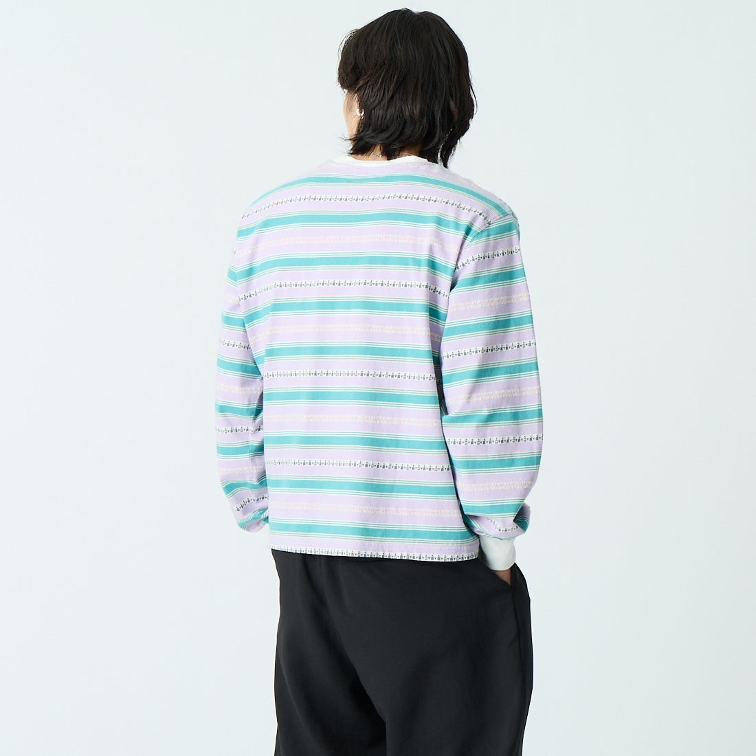 HELLO CALIF [ハローカリフ] エスニックボーダーTシャツ [661011] PURPLE &&モデル身長：179cm 着用サイズ：M&&