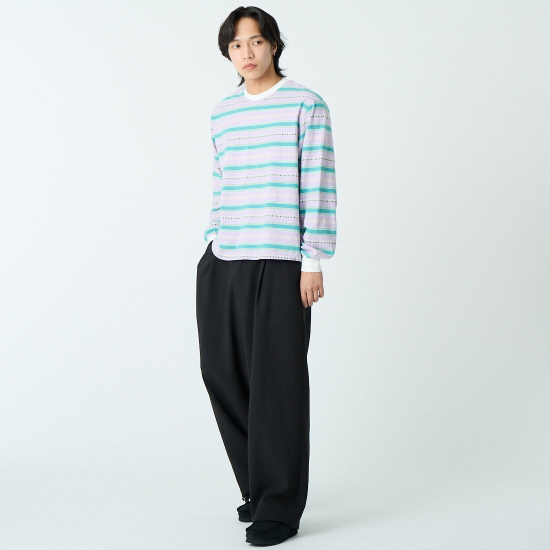 HELLO CALIF [ハローカリフ] エスニックボーダーTシャツ [661011] PURPLE &&モデル身長：179cm 着用サイズ：M&&