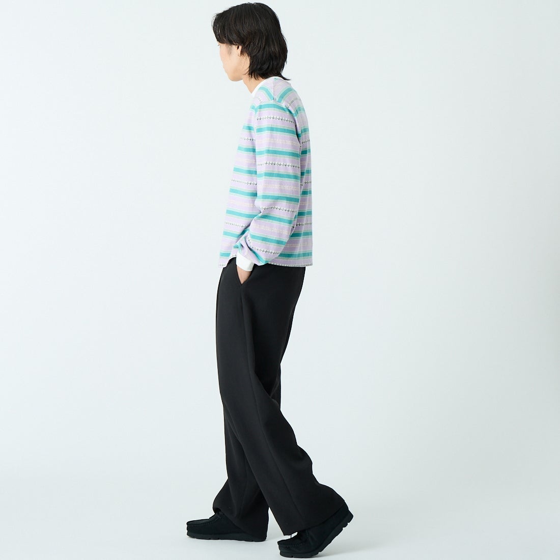 HELLO CALIF [ハローカリフ] エスニックボーダーTシャツ [661011] PURPLE &&モデル身長：179cm 着用サイズ：M&&