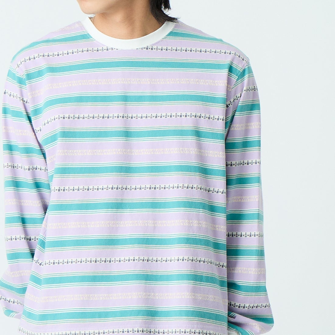 HELLO CALIF [ハローカリフ] エスニックボーダーTシャツ [661011] PURPLE &&モデル身長：179cm 着用サイズ：M&&