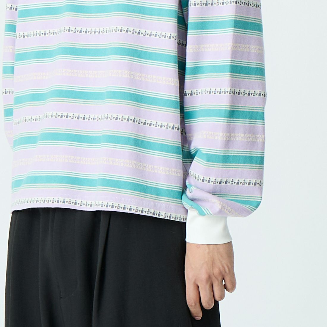 HELLO CALIF [ハローカリフ] エスニックボーダーTシャツ [661011] PURPLE &&モデル身長：179cm 着用サイズ：M&&